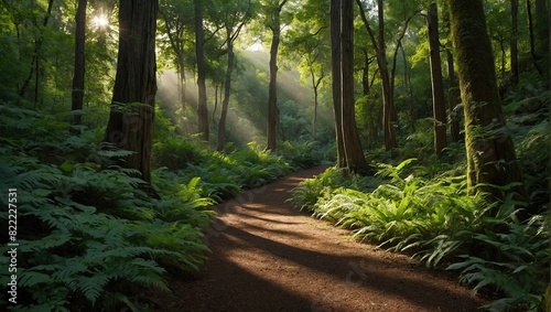 A lush green forest with a dirt path running through it. The trees are tall and majestic, and the sunlight is shining through the trees. There is a variety of green plants and fer photo