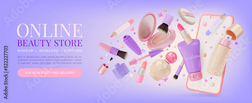 3d Online Beauty Store Makeup Skincare Perfume Product Concept Ads Banner Poster Card. Vector illustration