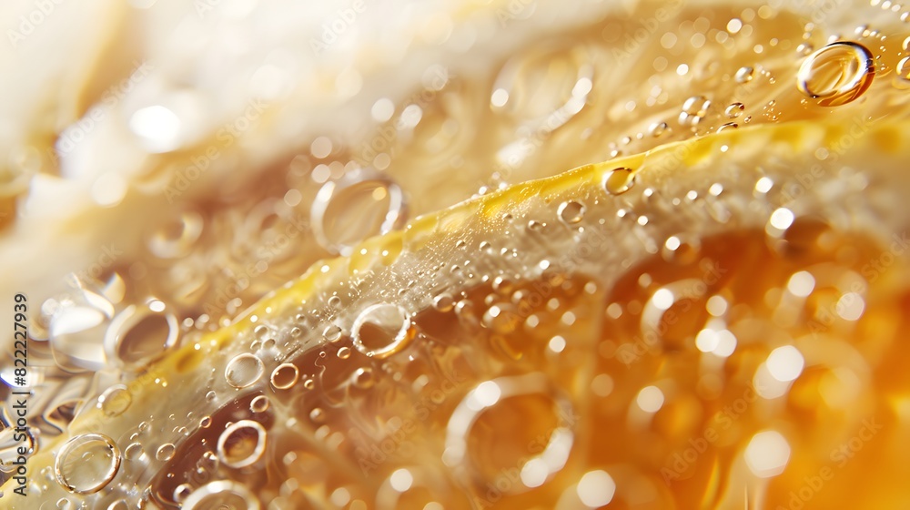 Close up of honeycomb filled with golden honey and glistening bubbles Close up of honeycomb filled with golden honey and glistening bubbles