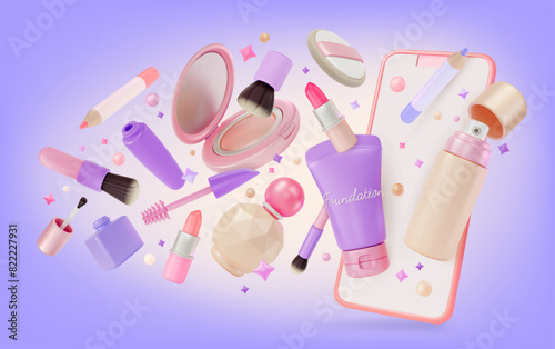 3d Online Beauty Store Makeup Skincare Perfume Product Concept Background Cartoon Design Style. Vector illustration