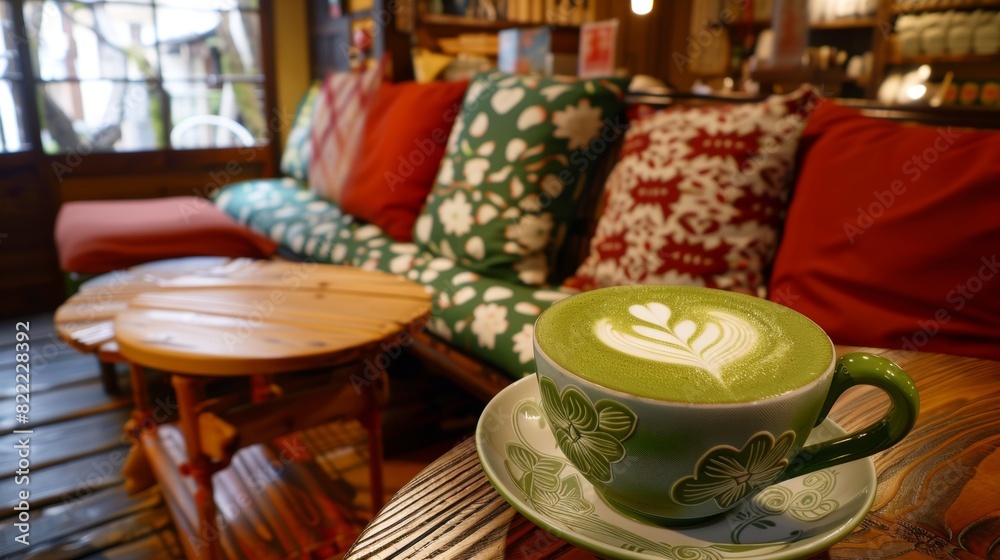Cozy Cafe Matcha Latte with Floral Patterns Cozy Cafe Matcha Latte with Floral Patterns