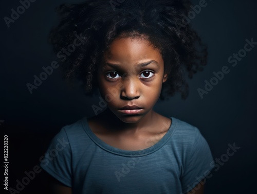 Indigo background sad black American African child Portrait of young beautiful kid Isolated Background racism skin color depression anxiety fear burn out 