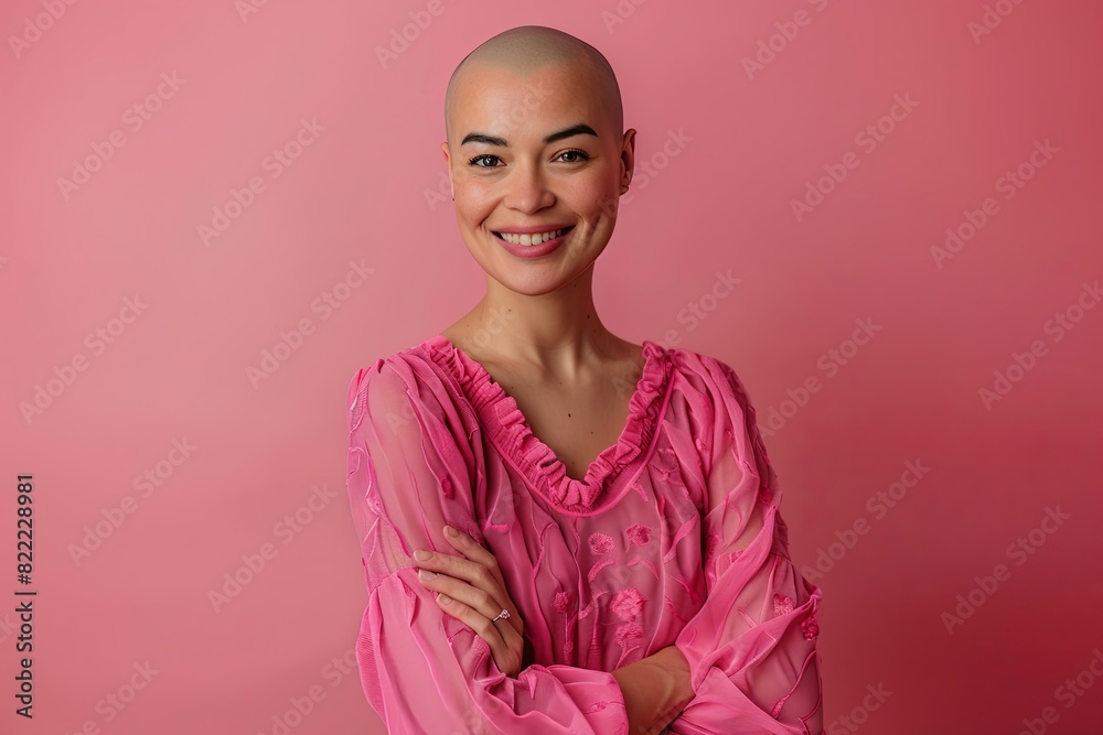 Bald Woman Smiles in Pink Blouse, Arms Crossed, Cancer Theme, Pastel Background Bald Woman Smiles in Pink Blouse, Arms Crossed, Cancer Theme, Pastel Background
