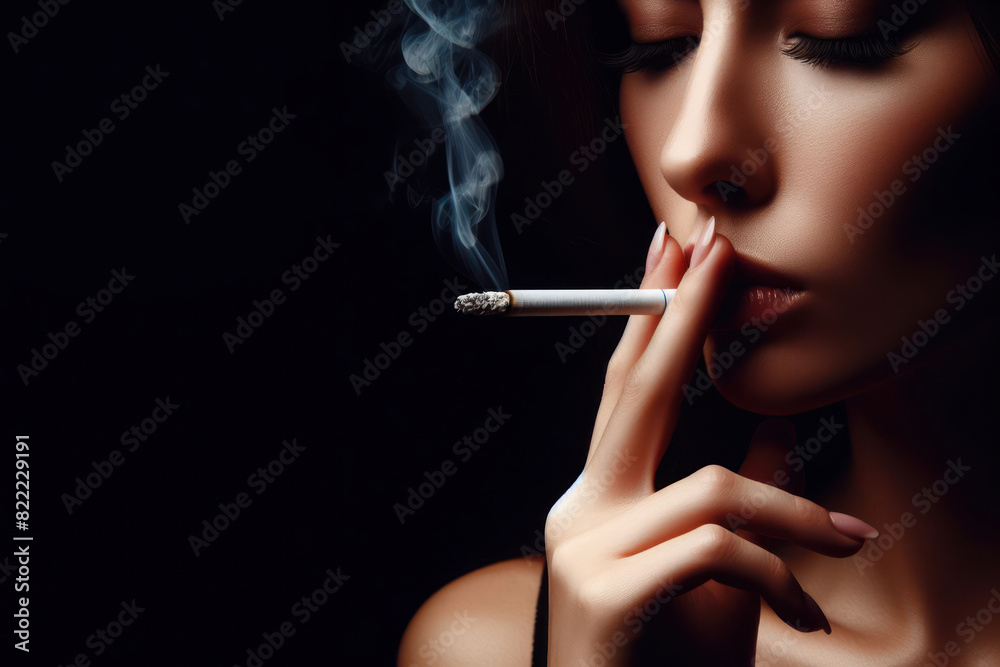 Fototapeta premium Close-up of a woman smoking a cigarette, a depiction of tobacco use and its potential impacts on health