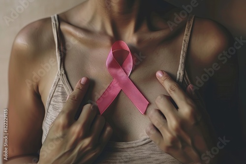 Pink and White Cancer Ribbon Adorns Woman's Chest in Softly Lit Setting for Breast Cancer Awareness photo