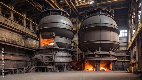 There are two large, cylindrical steel vessels with flames coming out of their bases. They are in an industrial building with a lot of machinery and pipes.