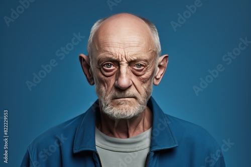 Indigo background sad european white man grandfather realistic person portrait older person beautiful bad mood old man Isolated on Background 