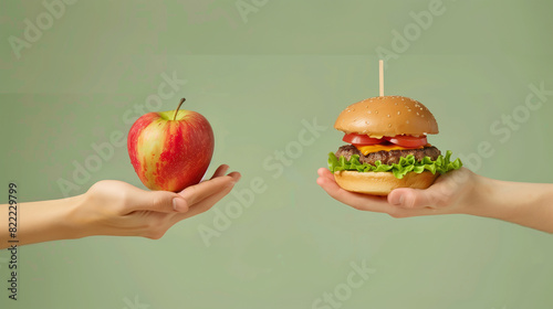 Hands holding an apple and a burger, representing a healthy and unhealthy food choice