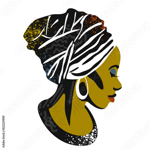 Female profile. Bright decorative portrait of beautiful african woman in turban. Vector isolated iliustration photo