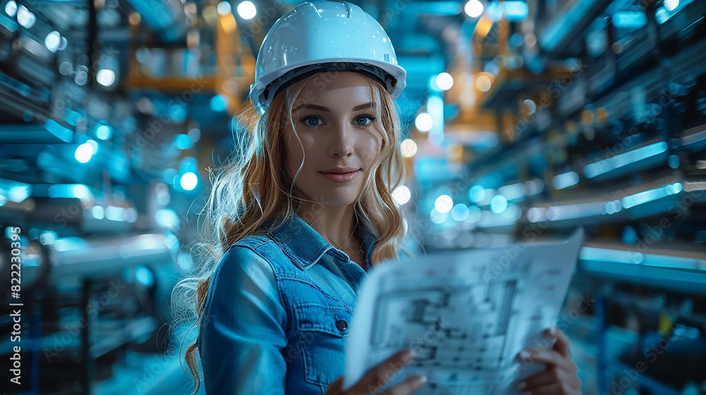 cute female engineer wearing white hardhat wearing blue color dress inside a construction site and holding blue print drawings with mobile phone in hand cute female engineer wearing white hardhat wearing blue color dress inside a construction site and holding blue print drawings with mobile phone in hand