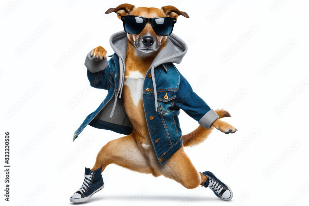 stylish dog wearing sunglasses and a jacket, dancing Isolated on white background stylish dog wearing sunglasses and a jacket, dancing Isolated on white background