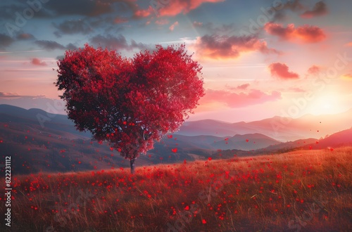 Valentine s Day heart-shaped tree in autumn meadow at sunset
