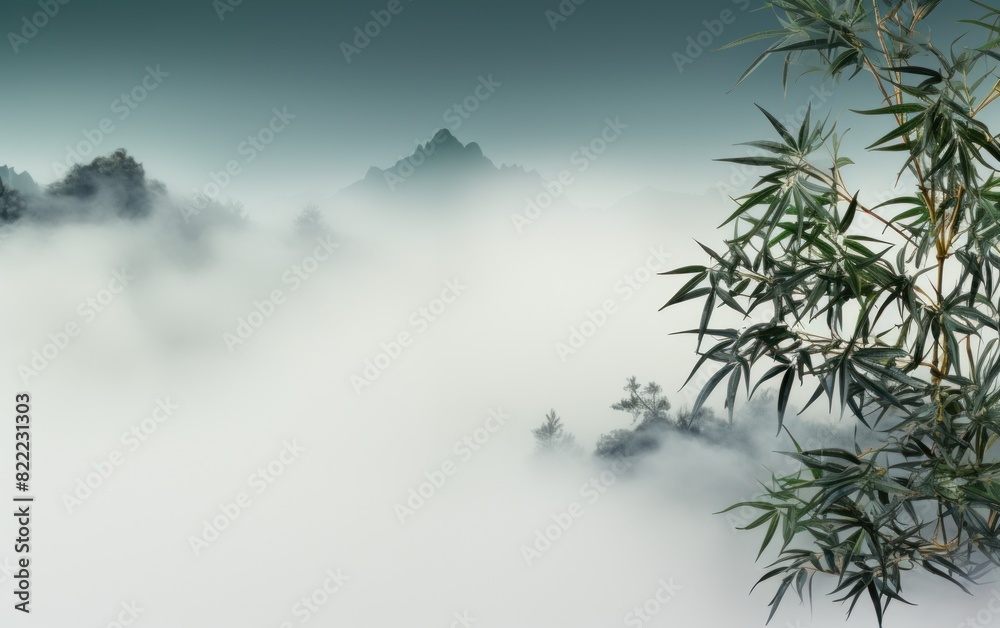 Naklejka premium A bamboo tree stands amidst fog in a forest