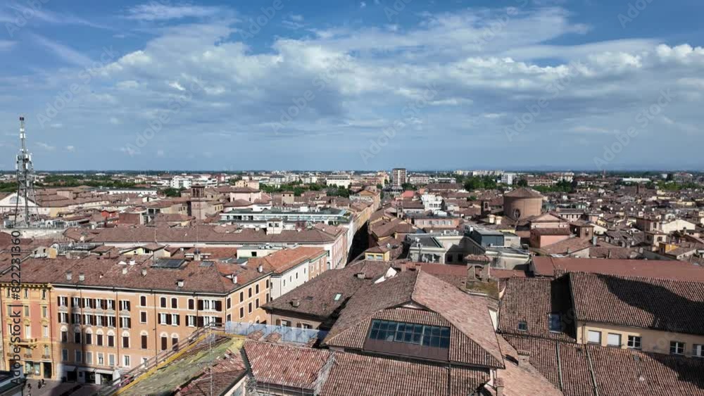 Aerial view of Modena's downtown, showcasing historical architecture and the town hall from the Duomo cathedral's iconic Ghirlandina bell tower Aerial view of Modena's downtown, showcasing historical architecture and the town hall from the Duomo cathedral's iconic Ghirlandina bell tower
