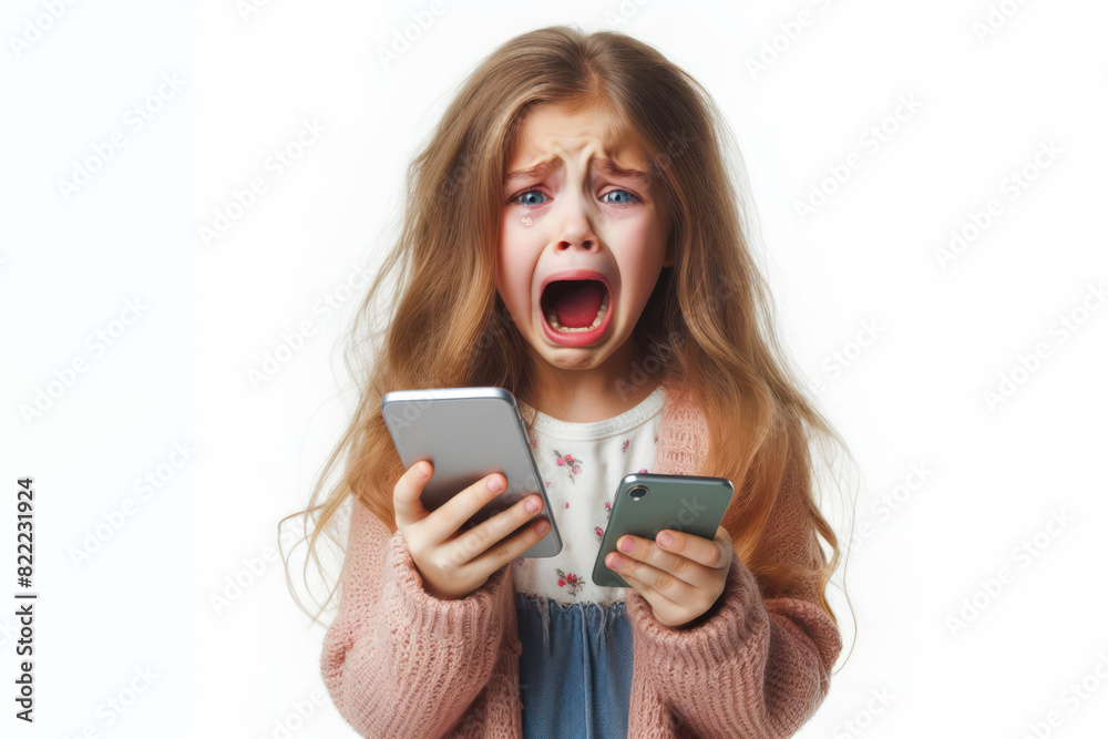 shocked child girl with open mouth crying and holding smartphone Isolated on white background shocked child girl with open mouth crying and holding smartphone Isolated on white background