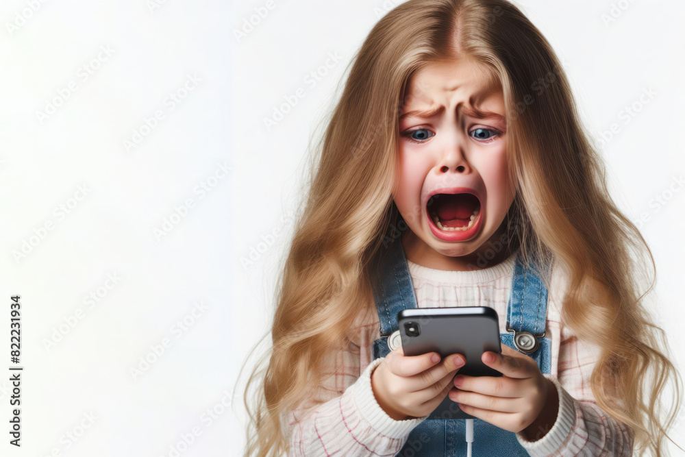 shocked child girl with open mouth crying and holding smartphone Isolated on white background shocked child girl with open mouth crying and holding smartphone Isolated on white background