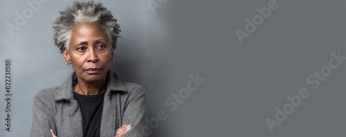 Ivory background sad black American independent powerful Woman. Portrait of older mid-aged person beautiful bad mood expression girl Isolated  photo