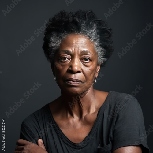 Ivory background sad black American independent powerful Woman. Portrait of older mid-aged person beautiful bad mood expression girl Isolated 