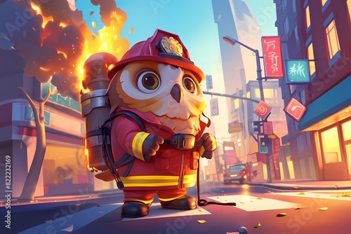 cartoon illustration, a firefighter owl photo