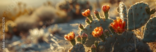 A cactus in bloom lit by the soft golden light of the desert sun.