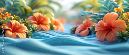 The photo shows orange hibiscus flowers on a blue wavy background. The flowers are surrounded by green leaves.