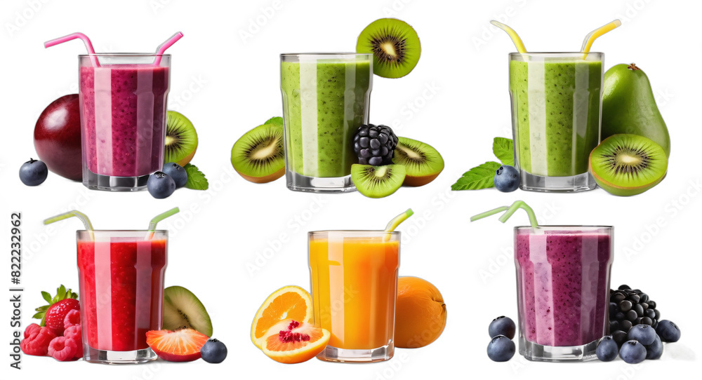 Set of Smoothie fruit juice vegetable with decorated fruits veggie on transparent PNG background different flavors. PNG file for designs Set of Smoothie fruit juice vegetable with decorated fruits veggie on transparent PNG background different flavors. PNG file for designs