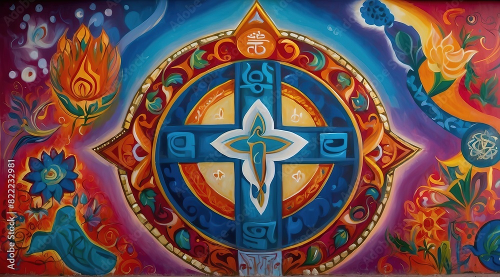 A vibrant mural depicting the peaceful coexistence of multiple religions