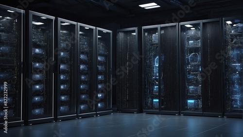 A dark room filled with tall black server racks with blinking lights.