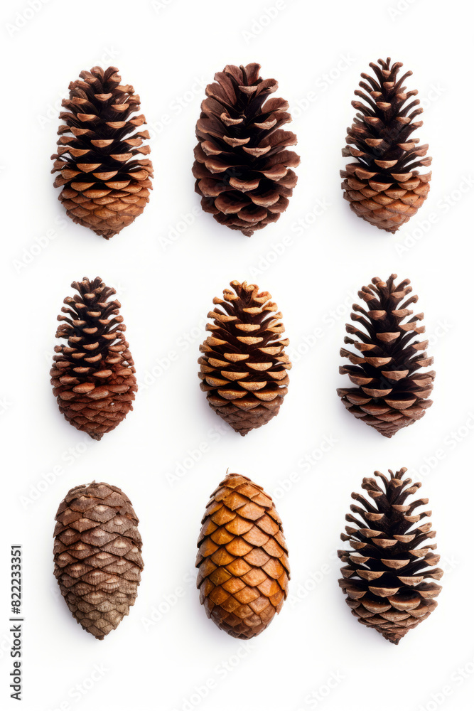 Group of pine cones on white background with white background. Group of pine cones on white background with white background.