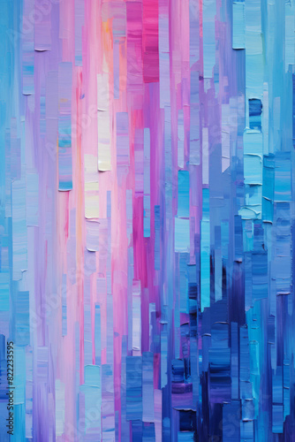 Painting of blue and pink abstract background with vertical lines.