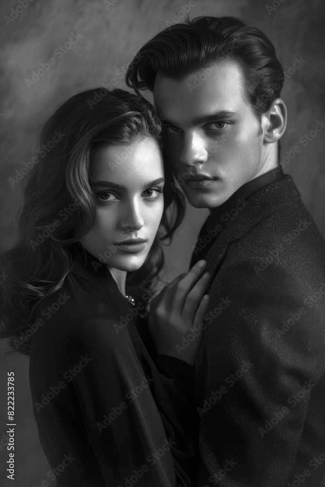Black and white portrait of a young couple - a girl and a man in the noir style. Black and white portrait of a young couple - a girl and a man in the noir style.