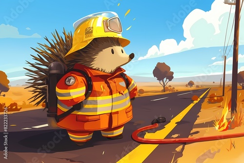 cartoon illustration, a firefighter hedgehog