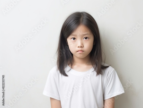 Ivory background sad Asian child Portrait of young beautiful in a bad mood child Isolated on Background, depression anxiety fear burn out health 