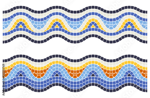 Wavy mosaic ornament, seamless border with pattern in portuguese style, waves tessellation, vector