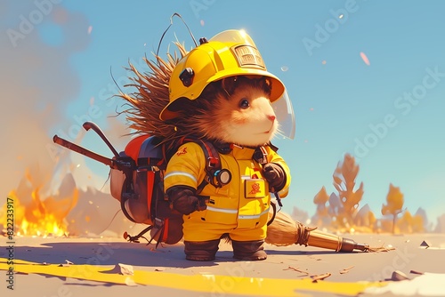 cartoon illustration, a firefighter hedgehog © Yoshimura