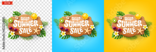 Hello Summer Sale Wooden Sign with Tropical Elements and Sunglasses on Yellow,Blue and Transparent Background
