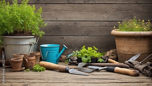 The image shows a wooden table with gardening tools and plants on it.

 photo