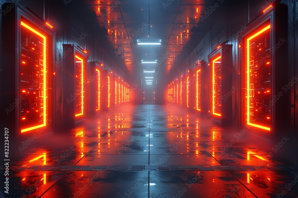 Futuristic server room with glowing red lights and reflective floor, showcasing advanced technology and a high-tech environment.