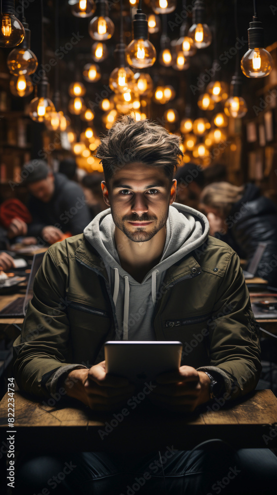 A man is sitting at a table with a tablet in his hand