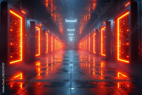 Futuristic server room with glowing red lights and reflective floor, showcasing advanced technology and a high-tech environment. © Pukkaraphong