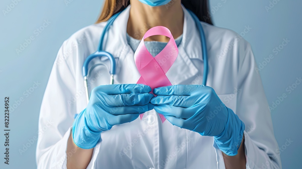 Professional photography of female doctor with pink ribbon for cancer awareness. Professional photography of female doctor with pink ribbon for cancer awareness.
