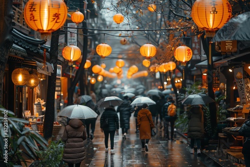 People walking under umbrellas on a rainy day in a street adorned with bright lanterns.