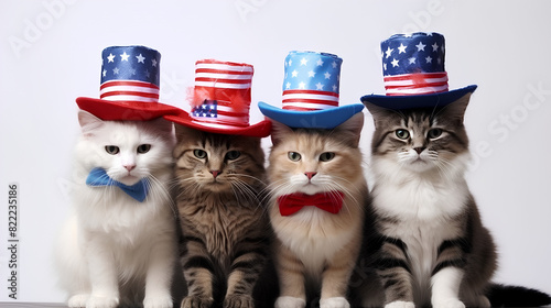Independence Day of the USA, kittens in hats with the flag of America on a white background.