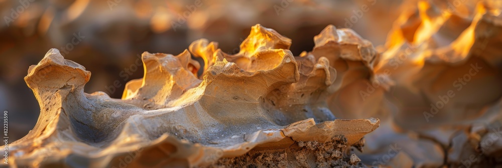 Sunlit sandstone formations resembling flames under the warm light of sunset.