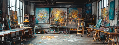 An artist's studio filled with canvases, paints, and creative tools, with the artist working on a new piece. photo
