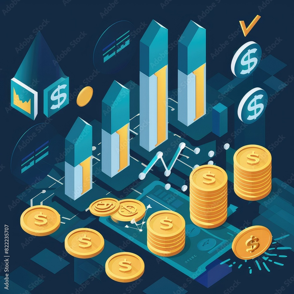 3D rendering of a financial chart with blue and yellow bars and gold ...