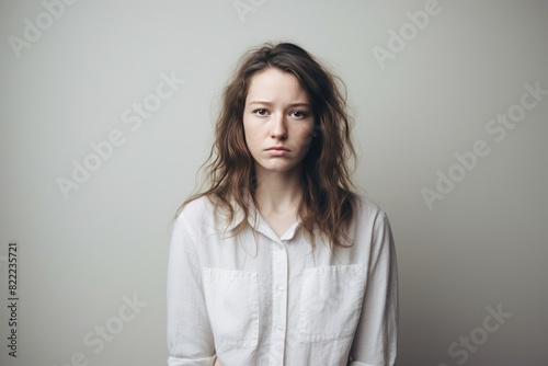 Ivory background sad european white Woman realistic person portrait of young beautiful bad mood expression Woman Isolated on Background 