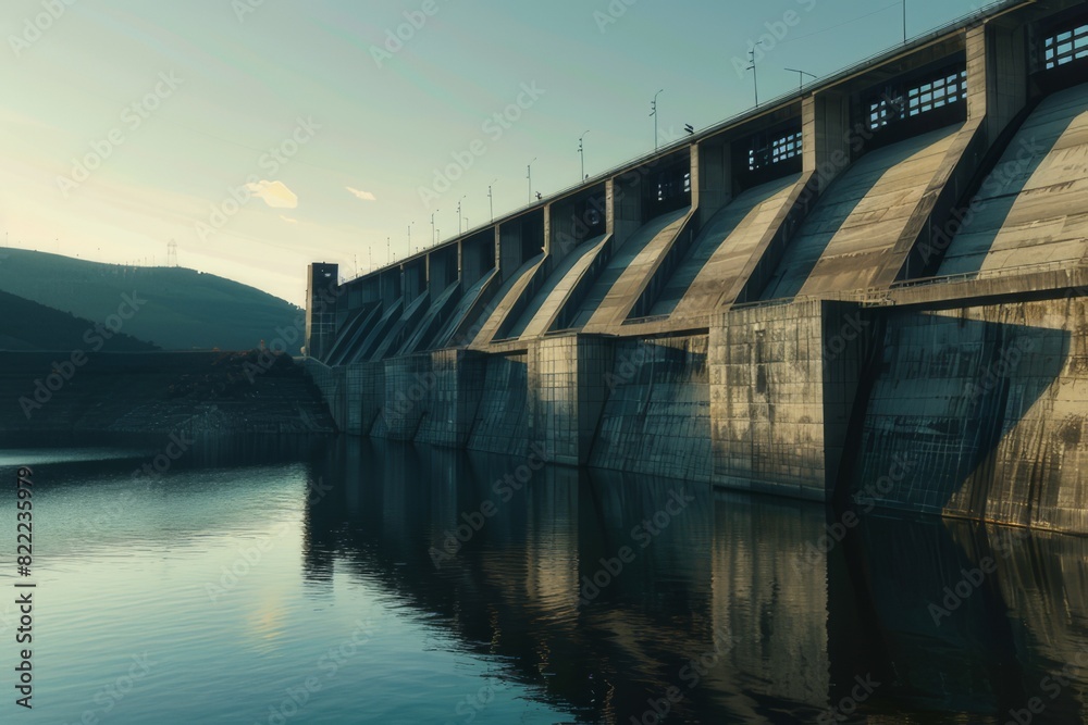 Concrete Dam Releasing Water at Dusk