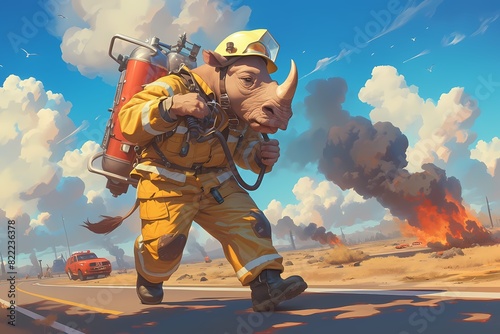 cartoon illustration, a firefighter rhino