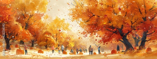 An autumn harvest scene with people picking apples, pumpkins, and other seasonal fruits. Warm, golden hues.